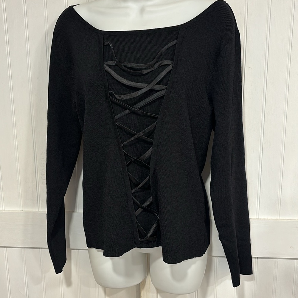 Style & Co black, long sleeve top with front lattice. On tag XL sizes to an L